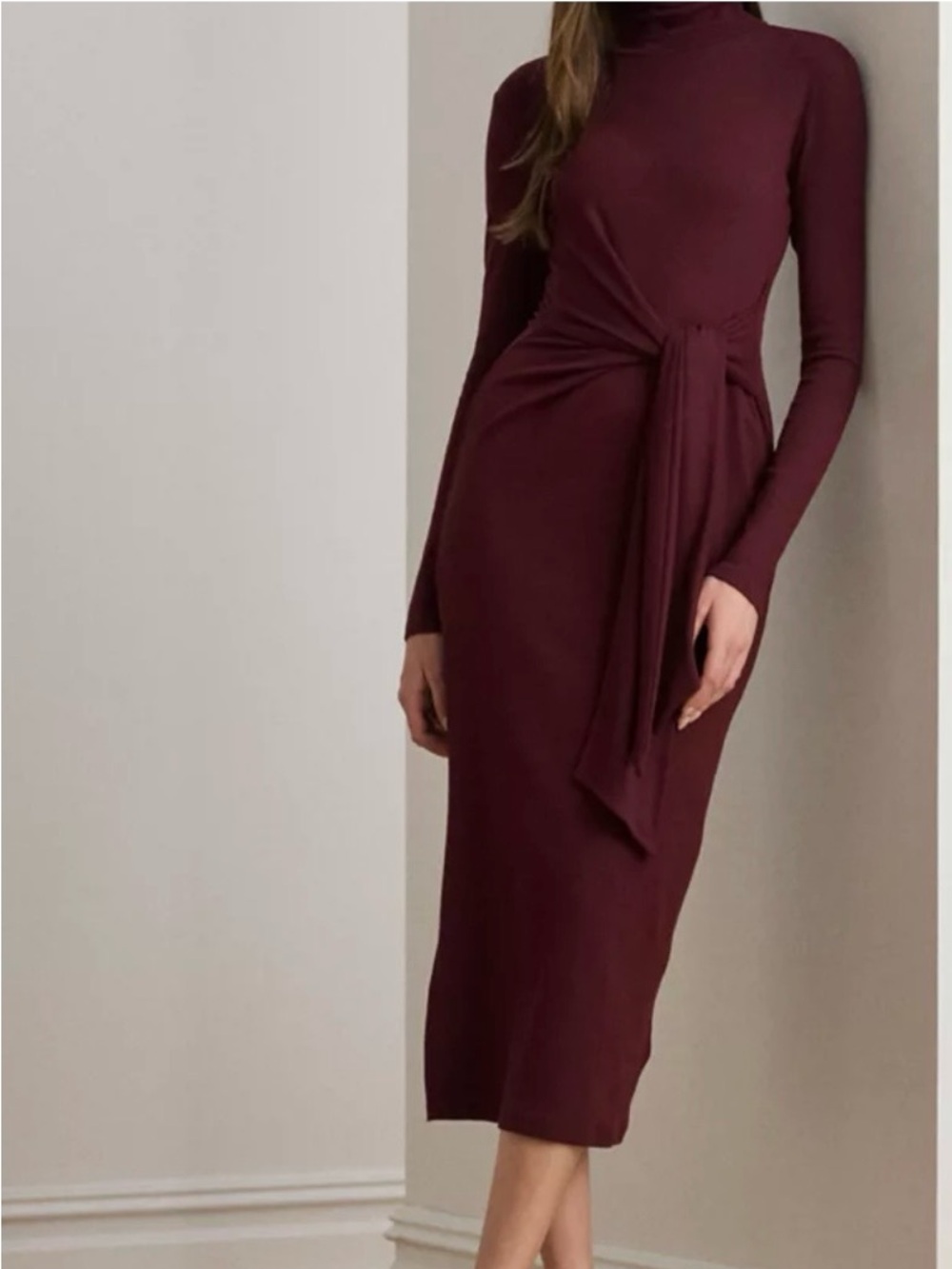 Ralph Lauren Wine Long-Sleeve Midi Dress with Side Sash